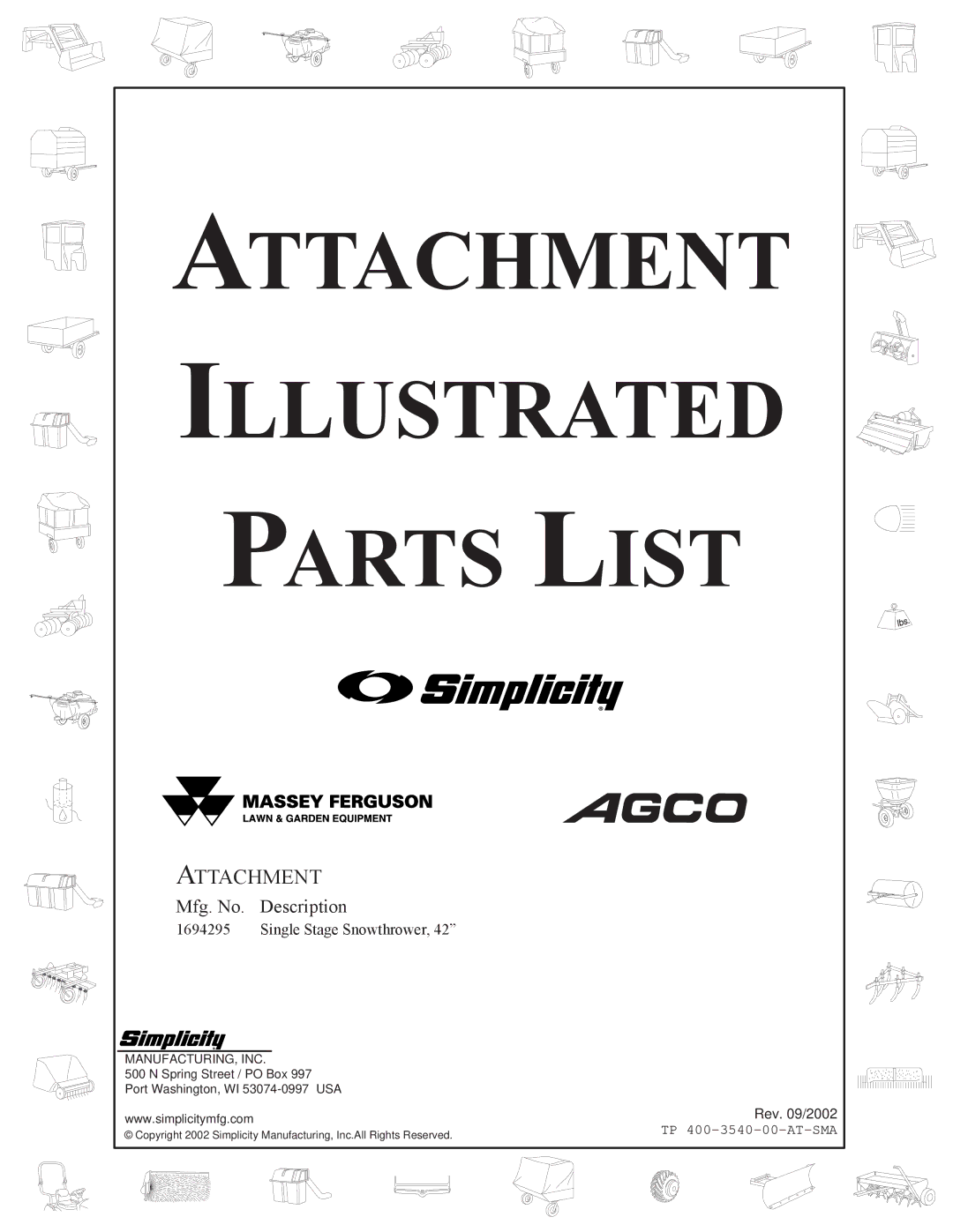 Snapper 3540 manual Attachment Illustrated Parts List 