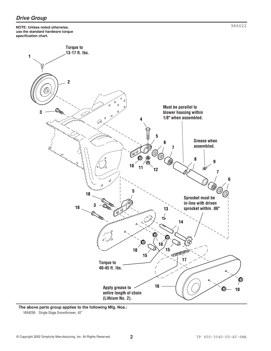 Snapper 3540 manual Drive Group, Torque to 40-45 ft. lbs 