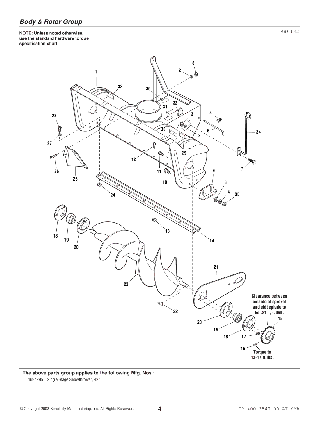 Snapper 3540 manual Body & Rotor Group, 986182 