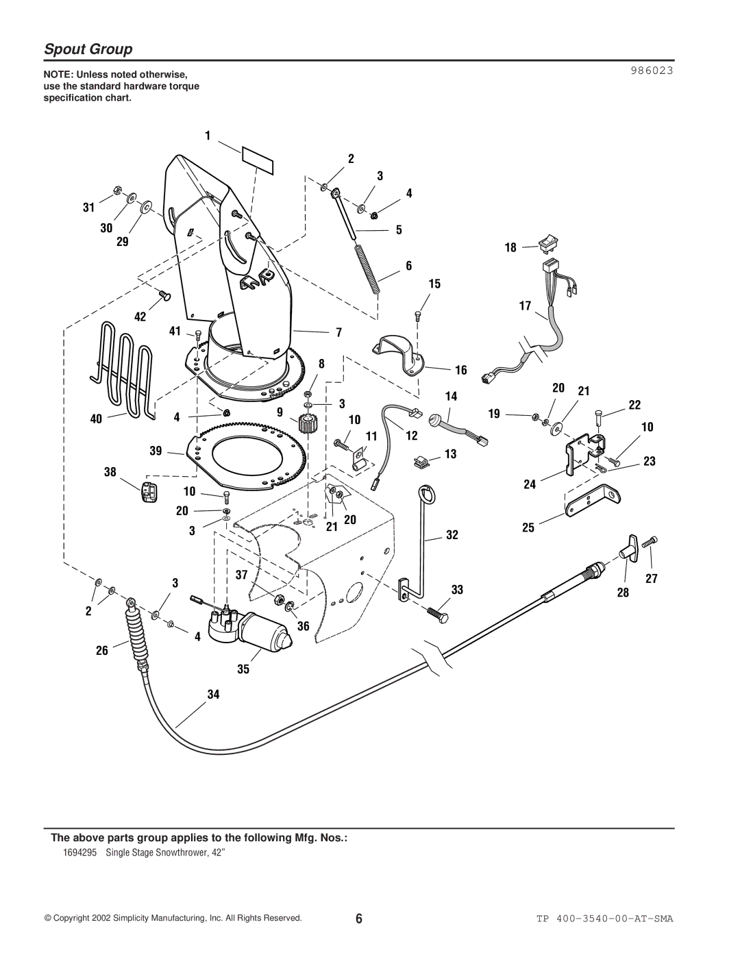 Snapper 3540 manual Spout Group, 986023 