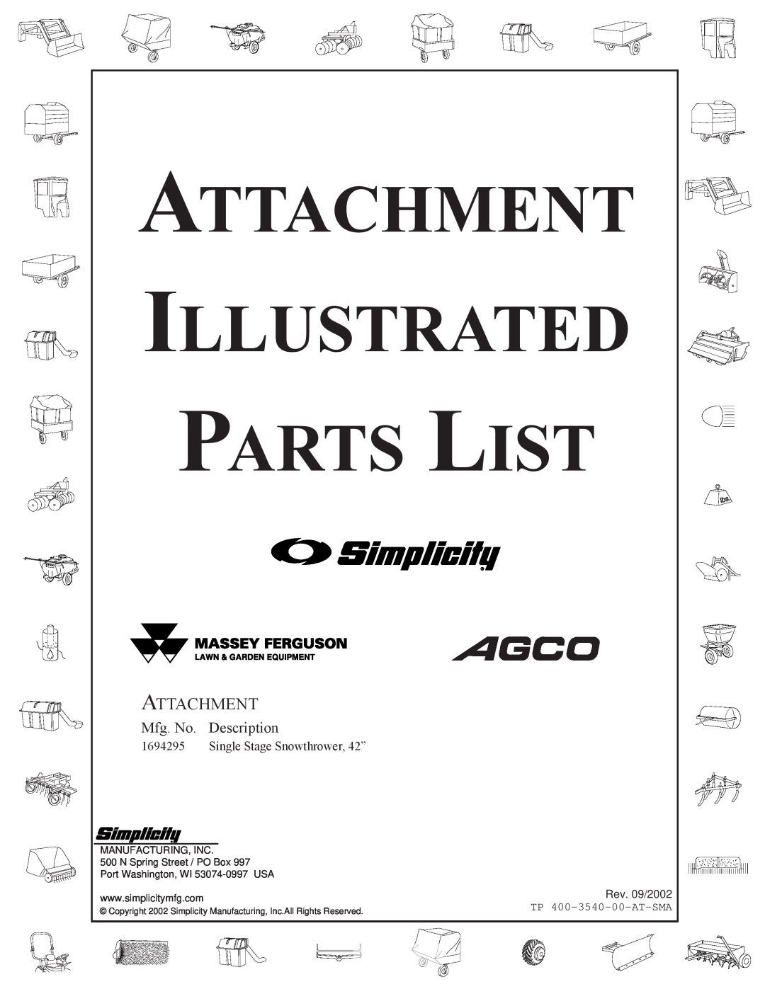 Snapper 3540 manual Attachment Illustrated Parts List, Mfg. No. Description, Single Stage Snowthrower, 42”, Rev. 09/2002 