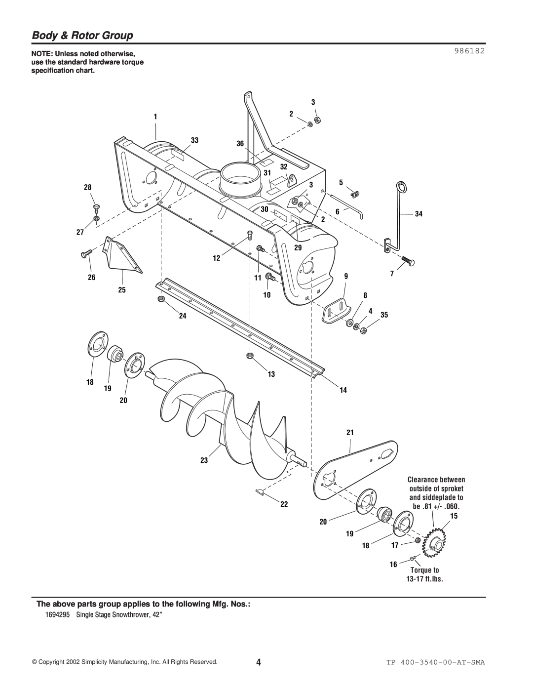 Snapper manual Body & Rotor Group, 986182, TP 400-3540-00-AT-SMA, Torque to 13-17ft.lbs, Single Stage Snowthrower, 42” 