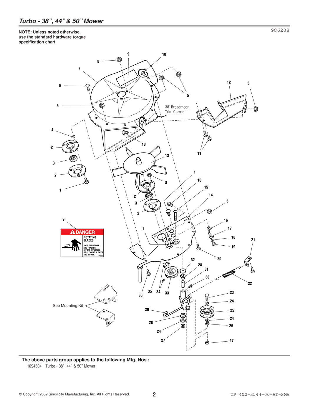 Snapper 3544 manual Turbo 38, 44 & 50 Mower 