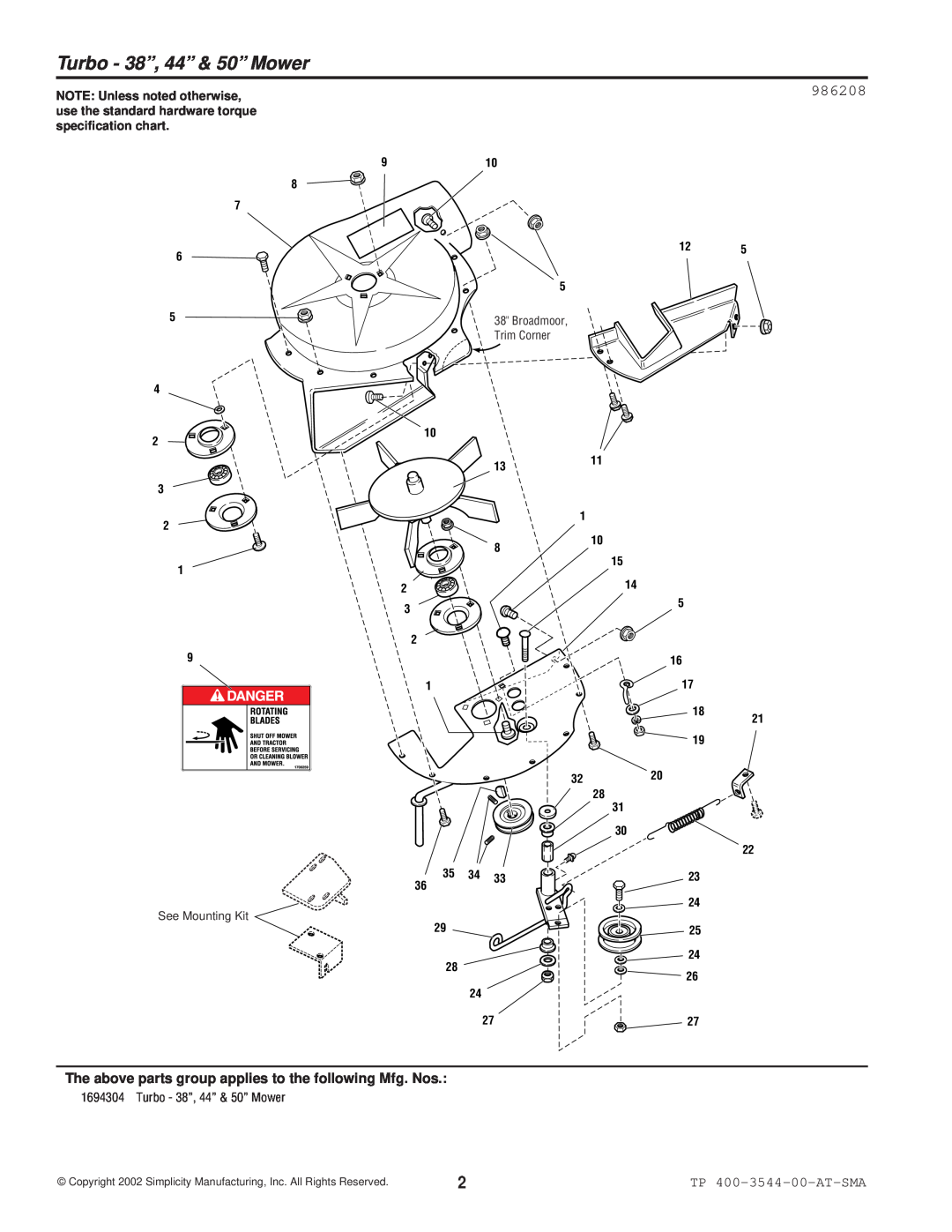 Snapper Turbo - 38”, 44” & 50” Mower, 986208, TP 400-3544-00-AT-SMA, 2 3, Broadmoor Trim Corner, 14 5, See Mounting Kit 