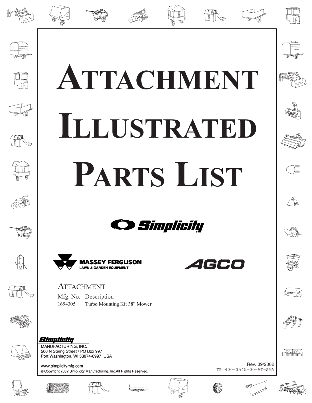 Snapper 3545 manual Attachment Illustrated Parts List, Mfg. No. Description, Turbo Mounting Kit 38” Mower, Rev. 09/2002 