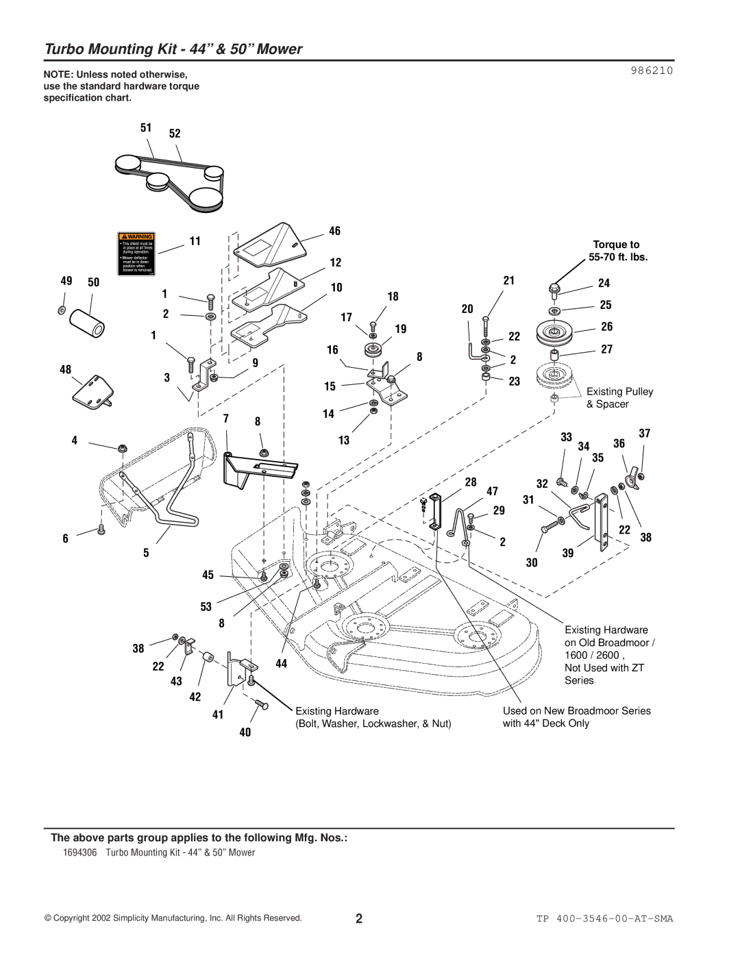 Snapper 3546 manual Turbo Mounting Kit 44 & 50 Mower 