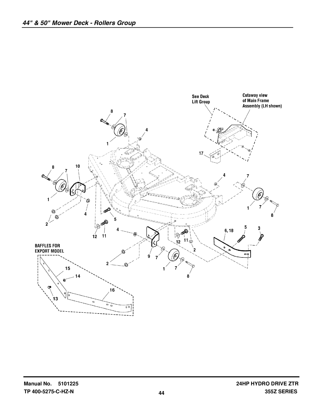 Snapper 355Z SERIES manual 44 & 50 Mower Deck Rollers Group 