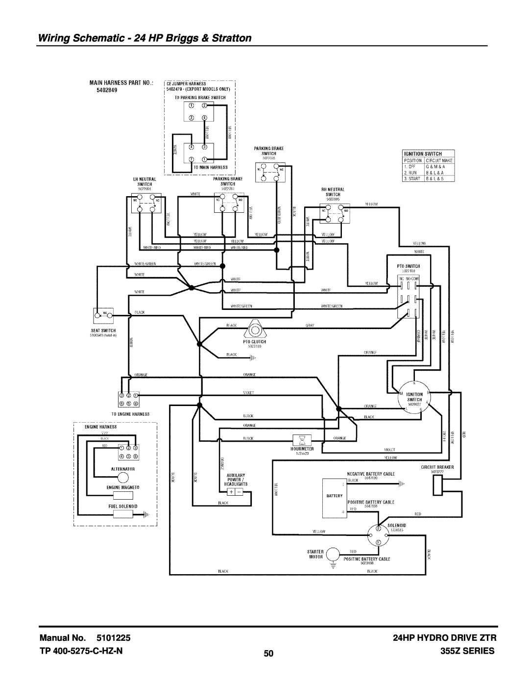 Snapper 355Z SERIES manual Wiring Schematic - 24 HP Briggs & Stratton, Manual No, 24HP HYDRO DRIVE ZTR, TP 400-5275-C-HZ-N 