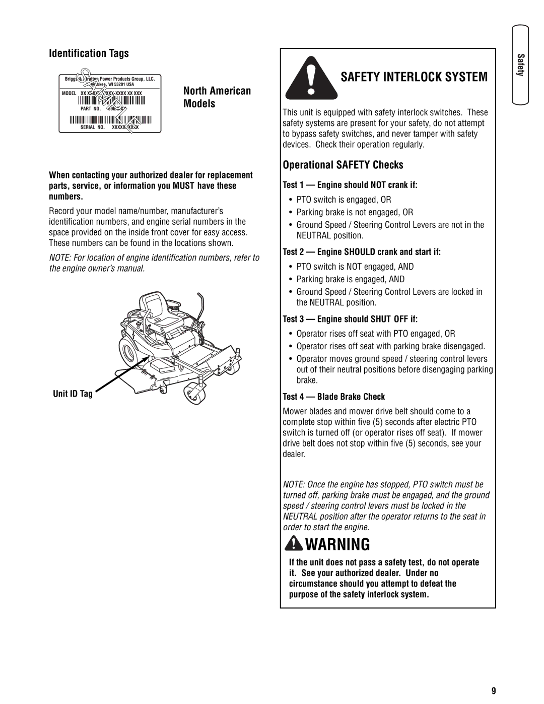 Snapper 355Z manual Identification Tags North American Models, Operational Safety Checks 