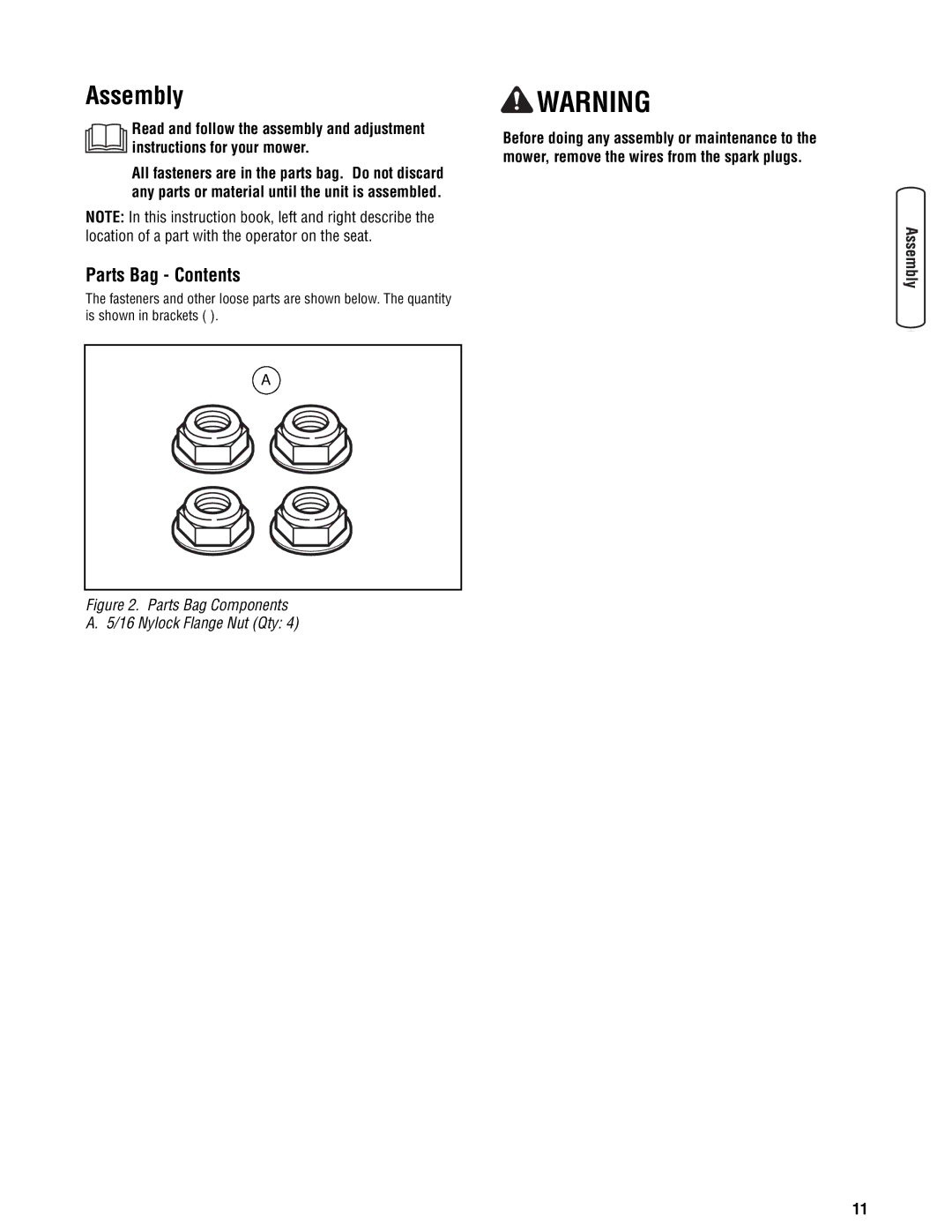 Snapper 355Z manual Assembly, Parts Bag Contents 