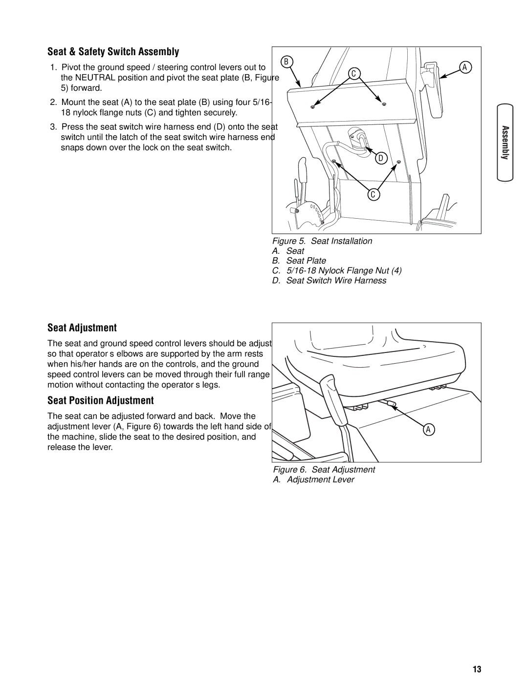 Snapper 355Z manual Seat & Safety Switch Assembly, Seat Adjustment, Seat Position Adjustment 