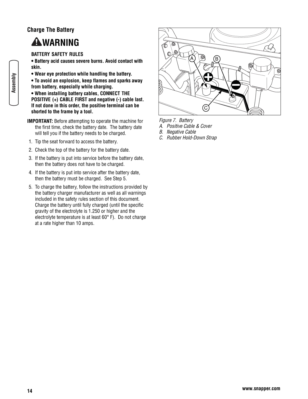 Snapper 355Z manual Charge The Battery, Battery Safety Rules 