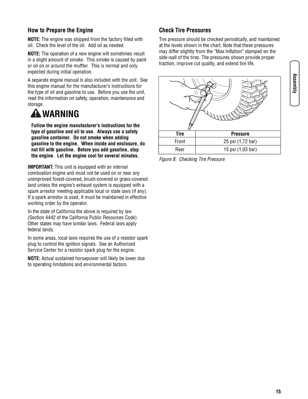 Snapper 355Z manual How to Prepare the Engine, Check Tire Pressures 