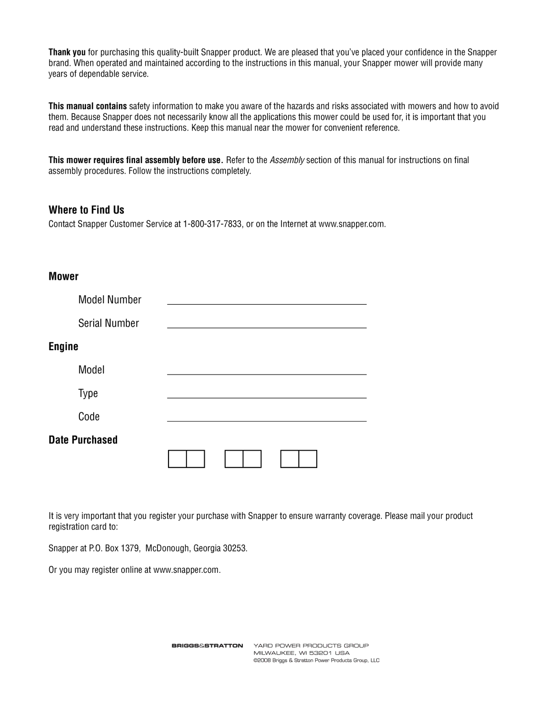 Snapper 355Z manual Where to Find Us Mower, Engine, Date Purchased 