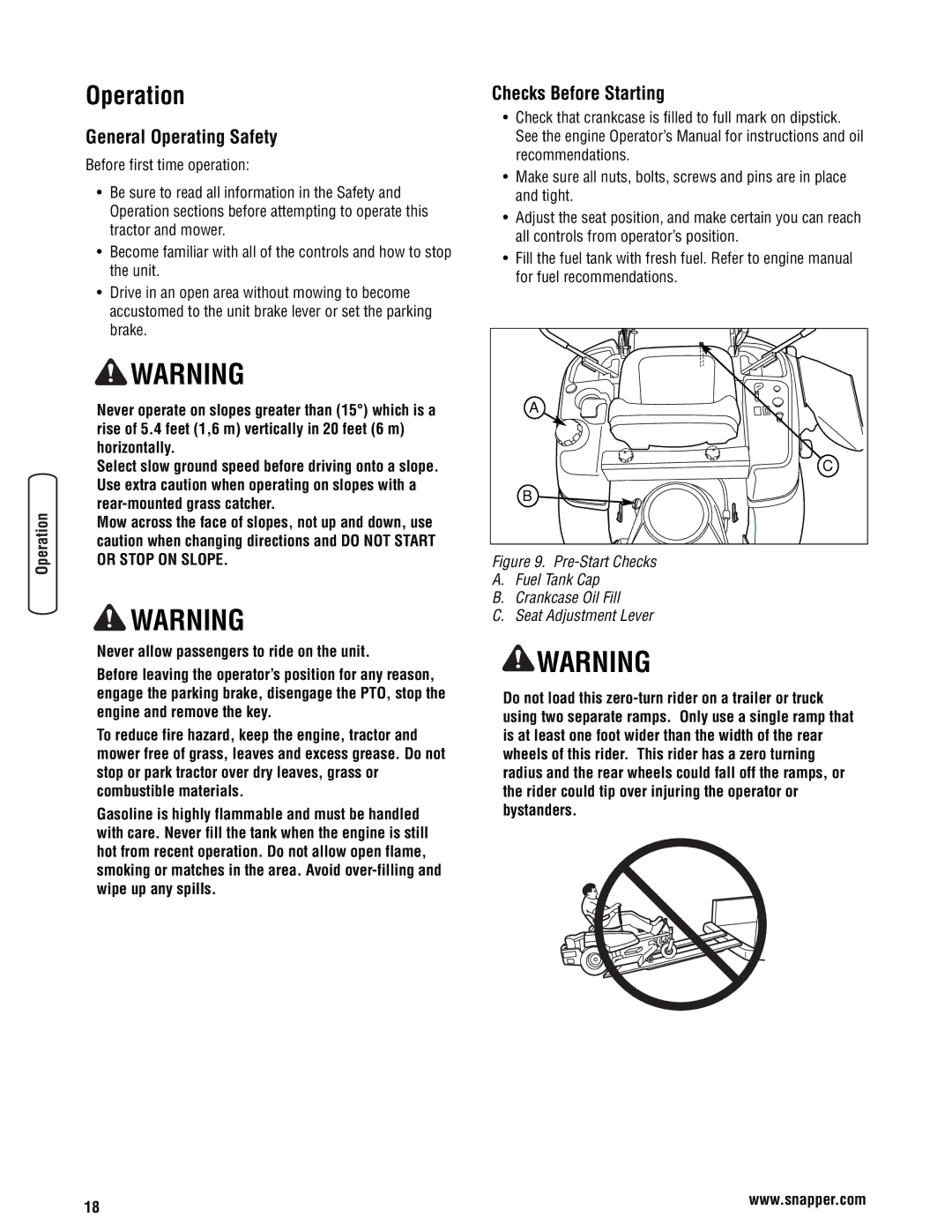 Snapper 355Z manual Operation, General Operating Safety, Checks Before Starting 