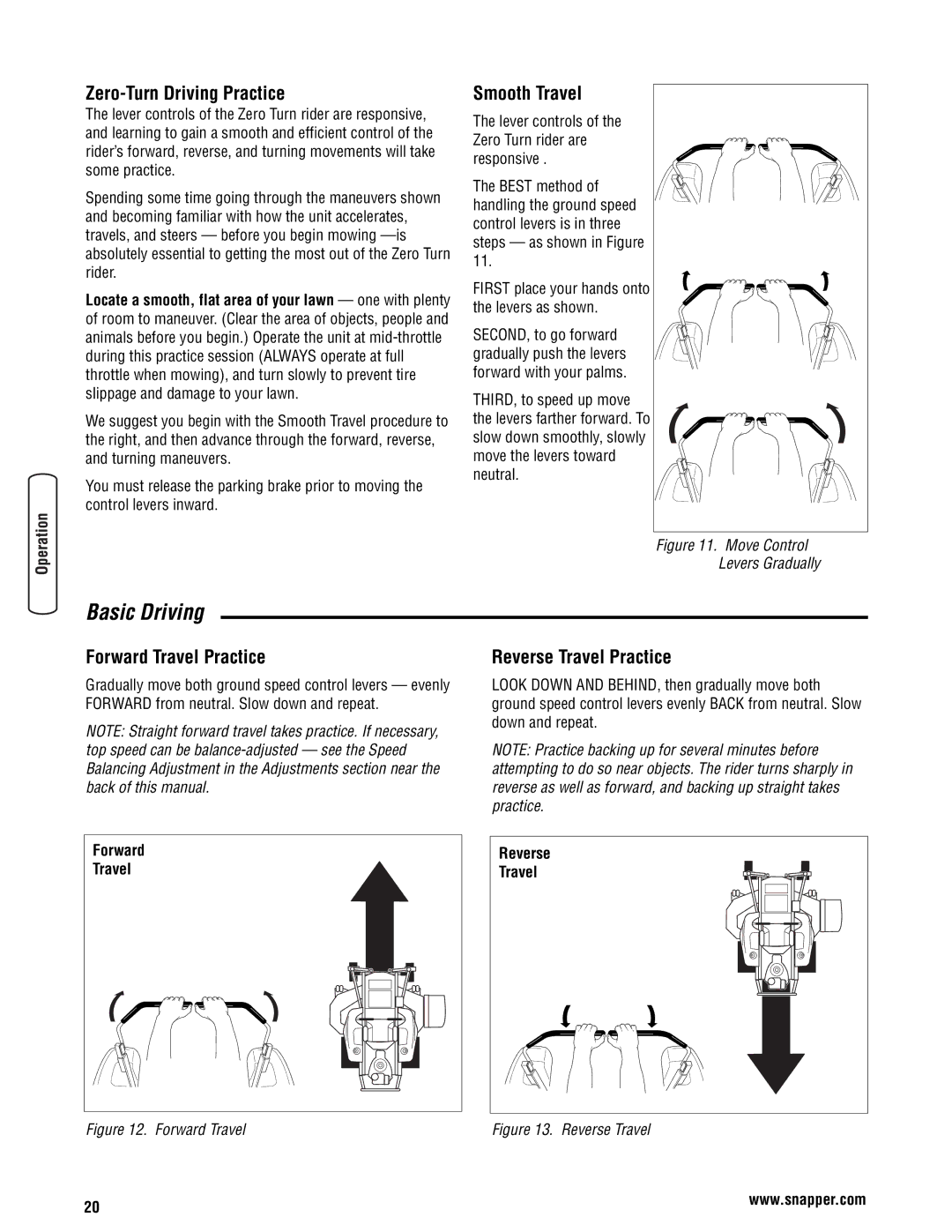 Snapper 355Z manual Zero-Turn Driving Practice, Smooth Travel, Forward Travel Practice, Reverse Travel Practice 