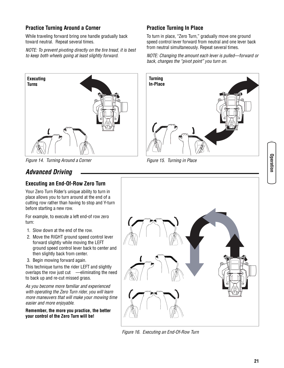 Snapper 355Z manual Practice Turning Around a Corner, Practice Turning In Place, Executing an End-Of-Row Zero Turn 