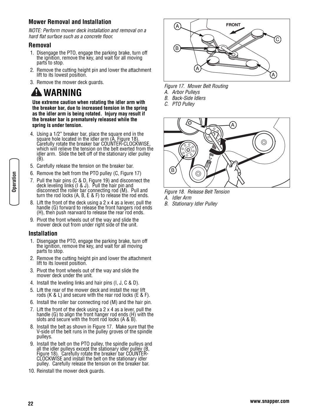 Snapper 355Z manual Mower Removal and Installation, Install the roller bar connecting rod M and the hair pin 