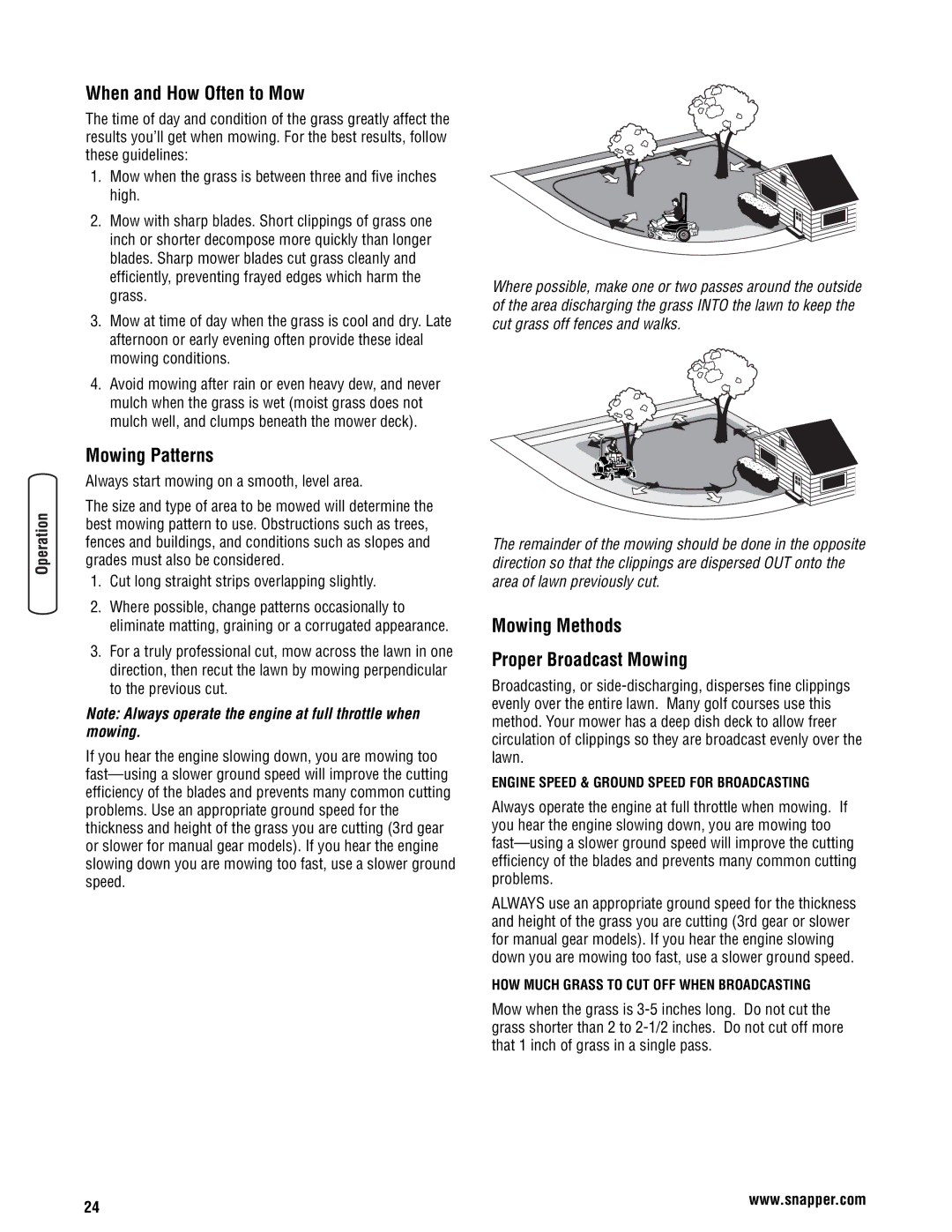 Snapper 355Z manual When and How Often to Mow, Mowing Patterns, Mowing Methods Proper Broadcast Mowing 