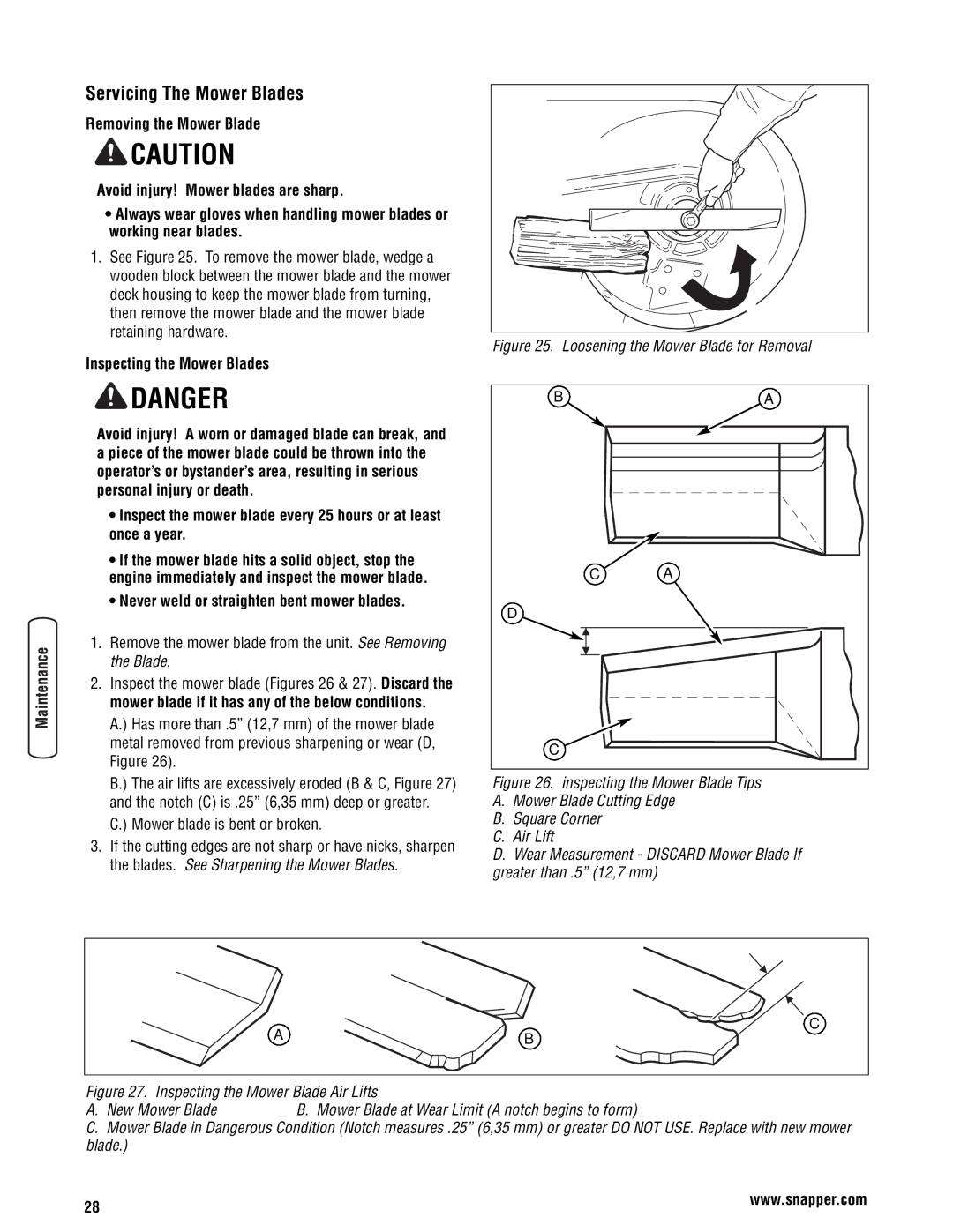 Snapper 355Z manual Servicing The Mower Blades, Inspecting the Mower Blades, Never weld or straighten bent mower blades 