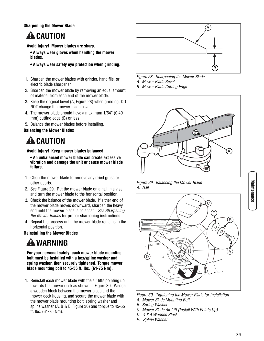 Snapper 355Z manual Reinstalling the Mower Blades, Balancing the Mower Blade Nail 