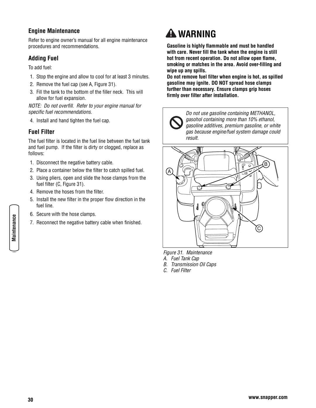 Snapper 355Z manual Engine Maintenance Adding Fuel, Fuel Filter 