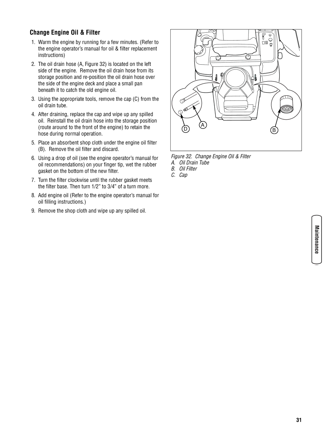 Snapper 355Z manual Change Engine Oil & Filter Oil Drain Tube Oil Filter Cap 