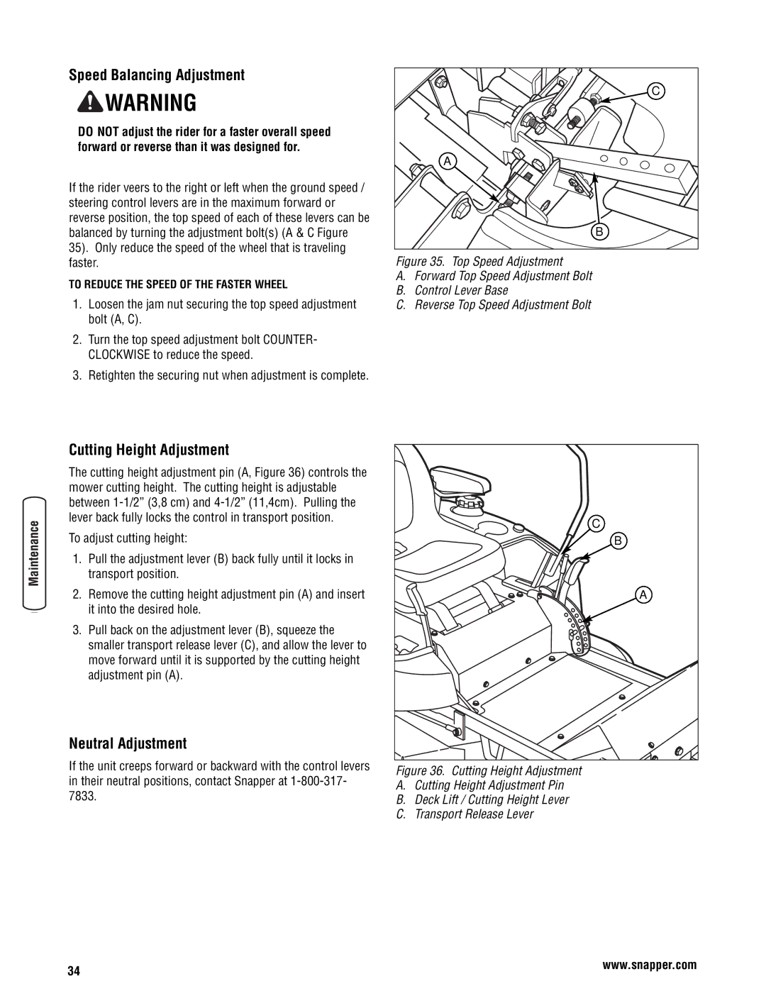 Snapper 355Z manual Speed Balancing Adjustment, Cutting Height Adjustment, Neutral Adjustment 