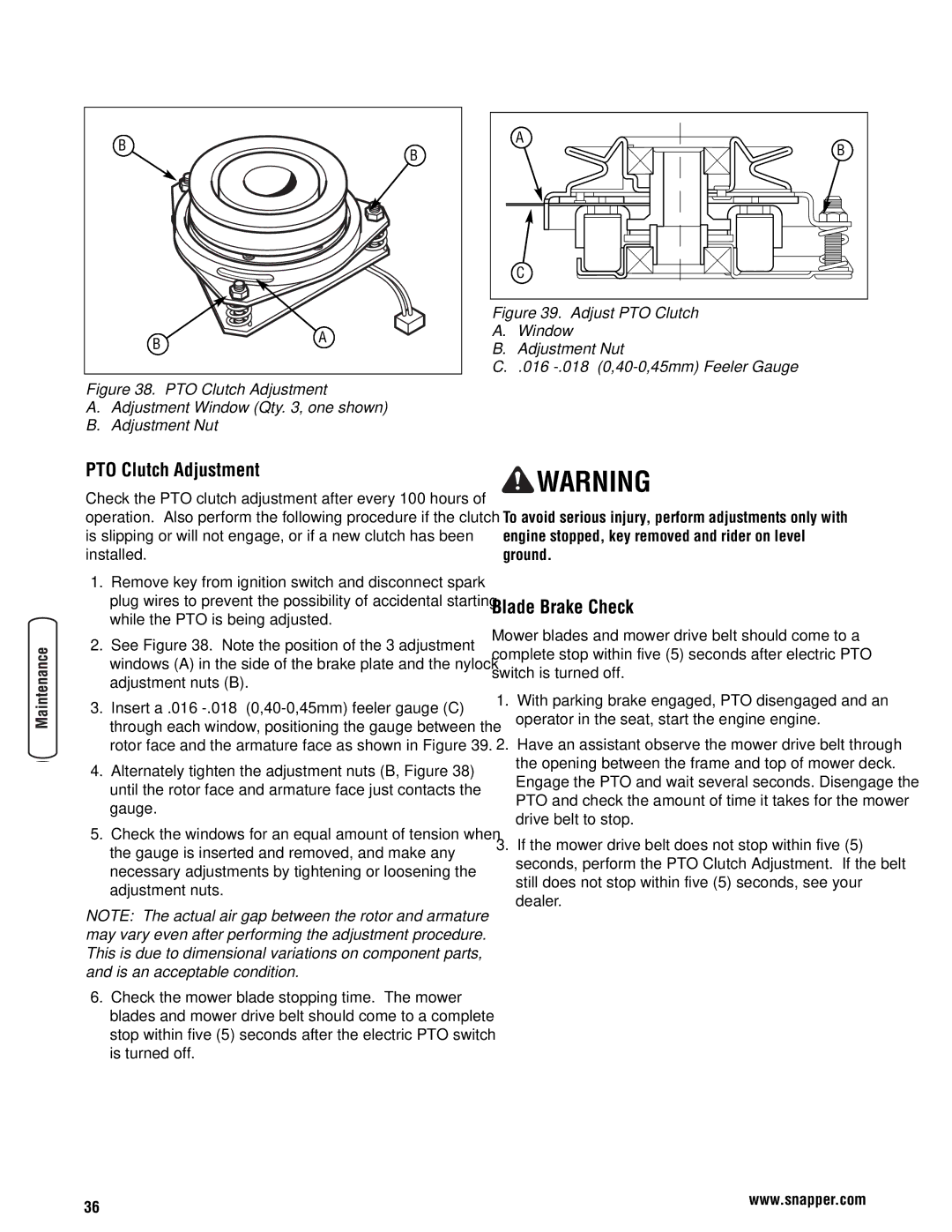 Snapper 355Z manual PTO Clutch Adjustment, Blade Brake Check 