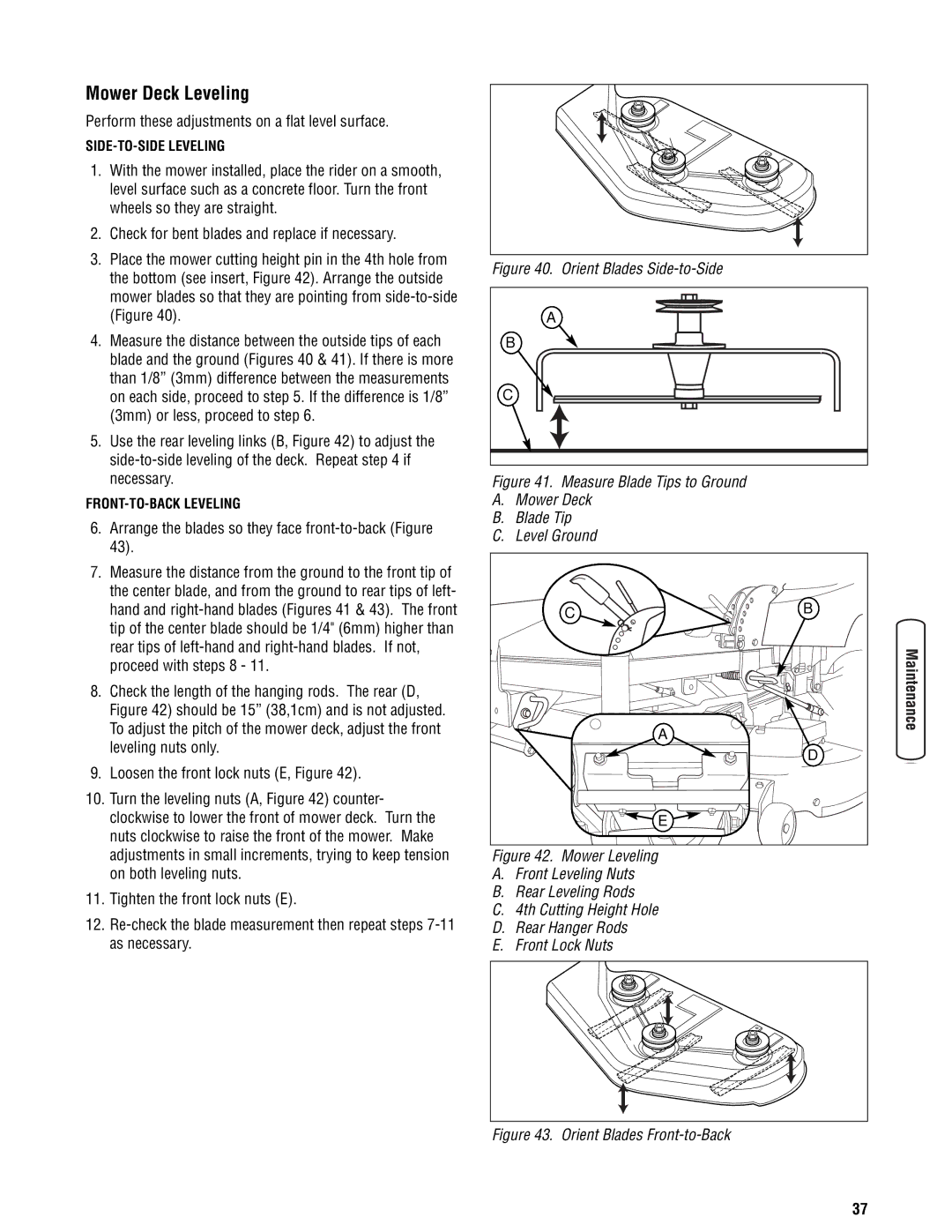 Snapper 355Z manual Mower Deck Leveling, Perform these adjustments on a flat level surface 