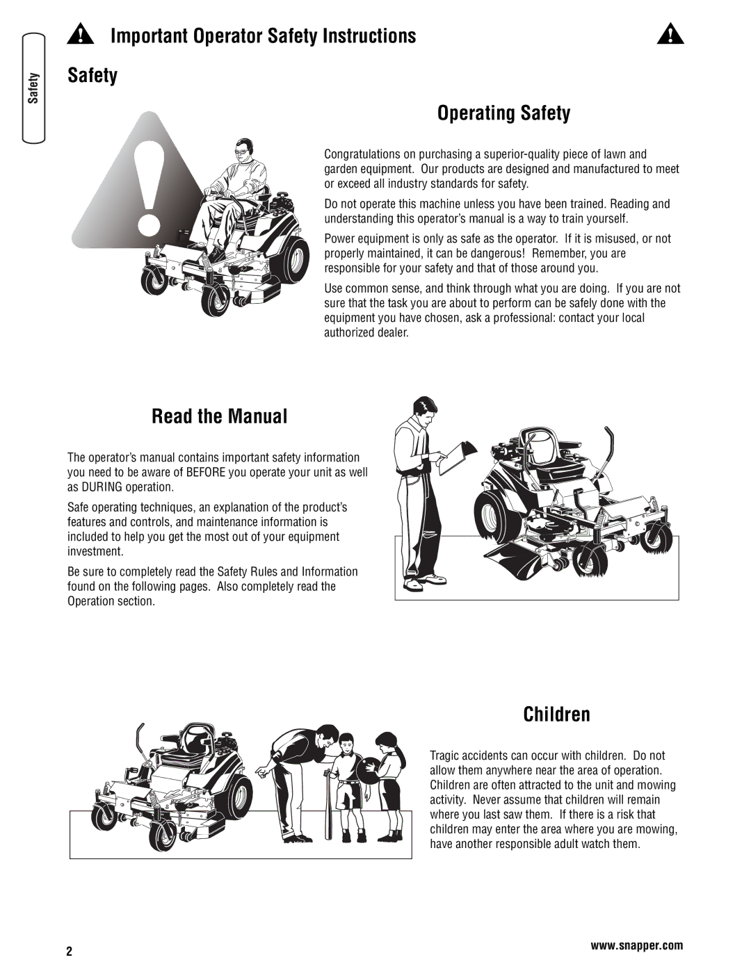 Snapper 355Z manual Safety Operating Safety, Read the Manual, Children 