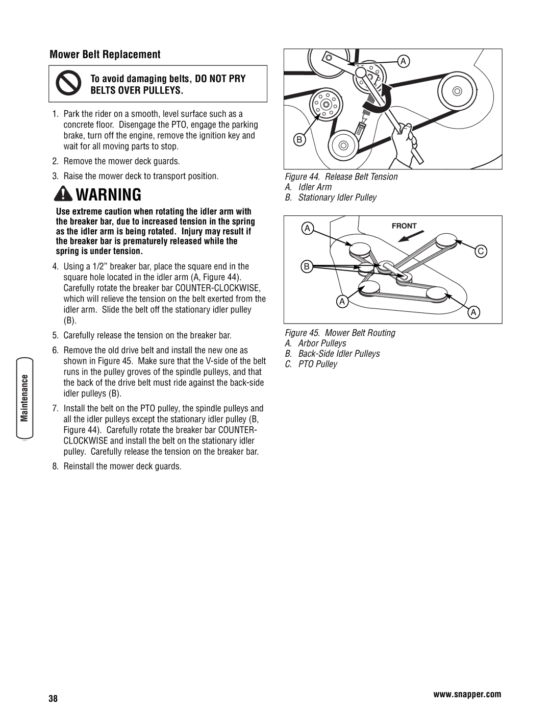 Snapper 355Z manual Mower Belt Replacement, Belts Over Pulleys 