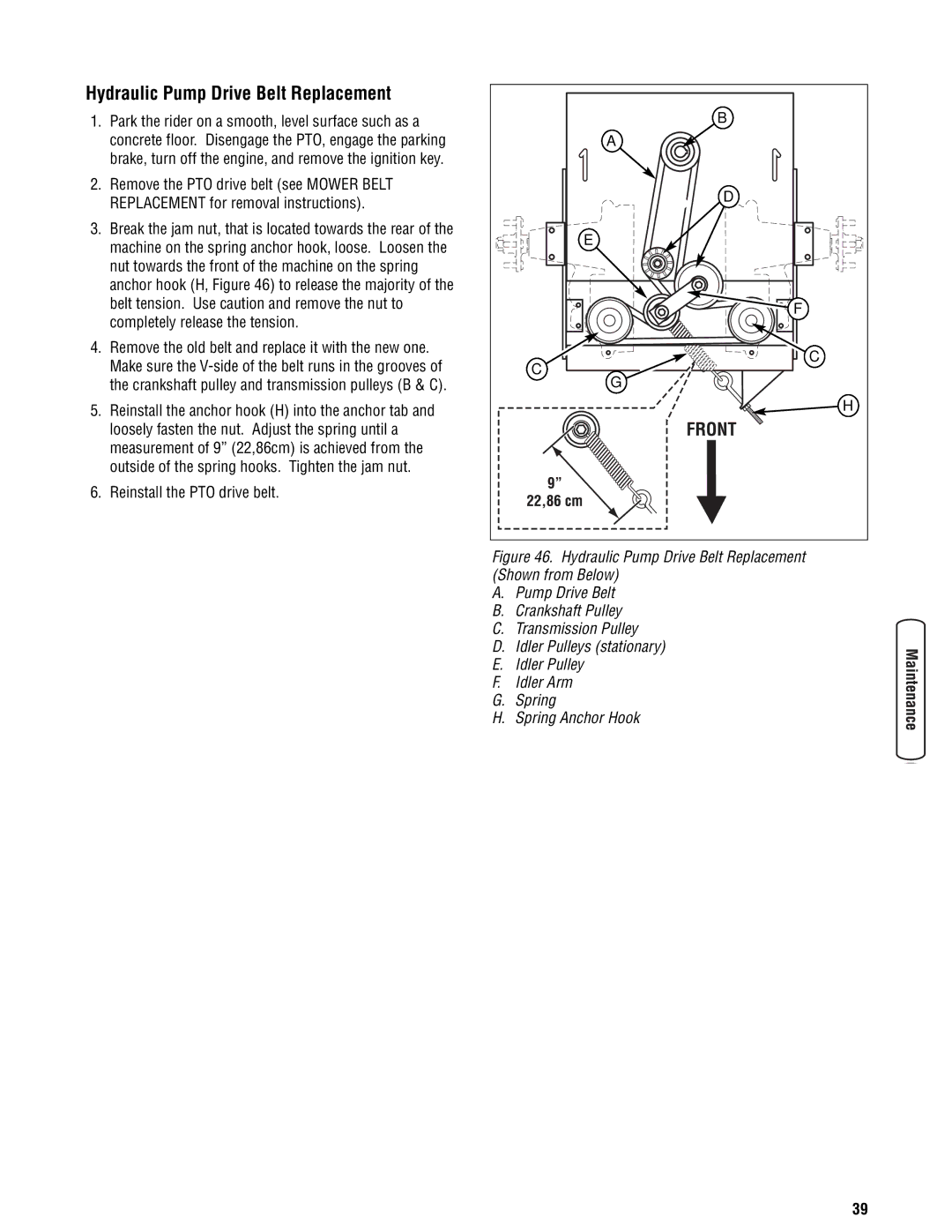 Snapper 355Z manual Hydraulic Pump Drive Belt Replacement, Reinstall the PTO drive belt 