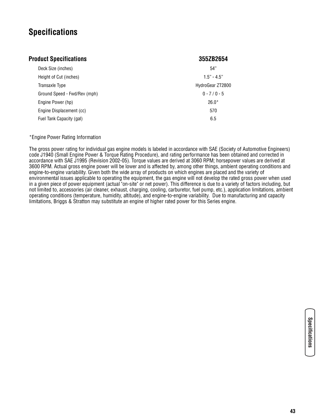 Snapper manual Product Specifications, 355ZB2654, Engine Power Rating Information 