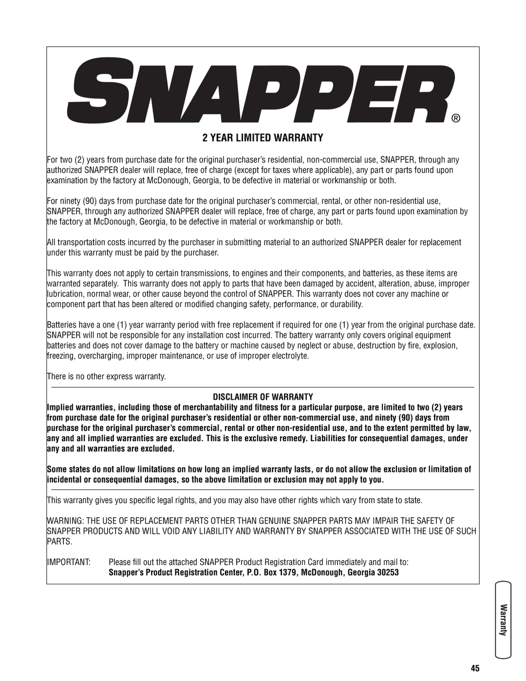 Snapper 355Z manual Year Limited Warranty, Disclaimer of Warranty 