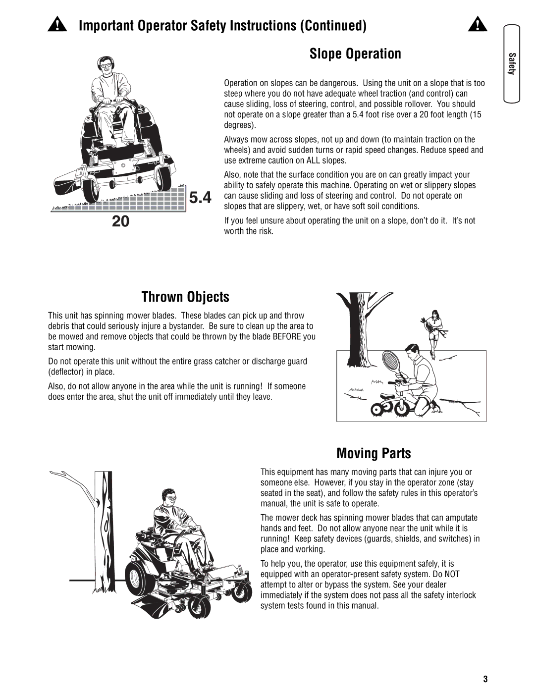 Snapper 355Z manual Slope Operation, Thrown Objects, Moving Parts 