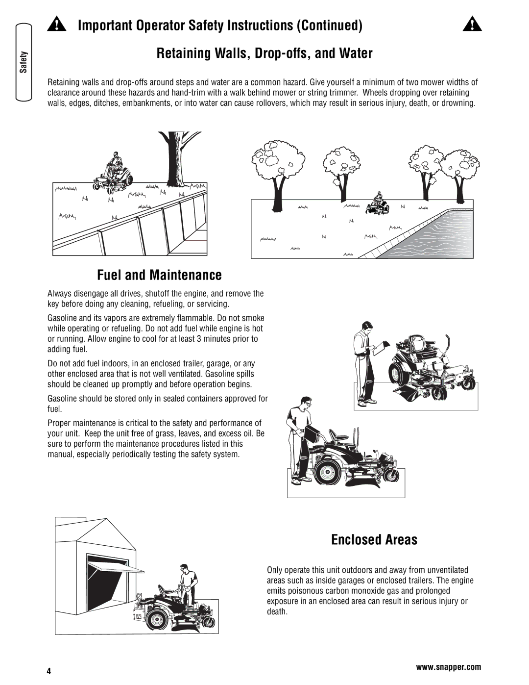 Snapper 355Z manual Retaining Walls, Drop-offs, and Water, Fuel and Maintenance, Enclosed Areas 