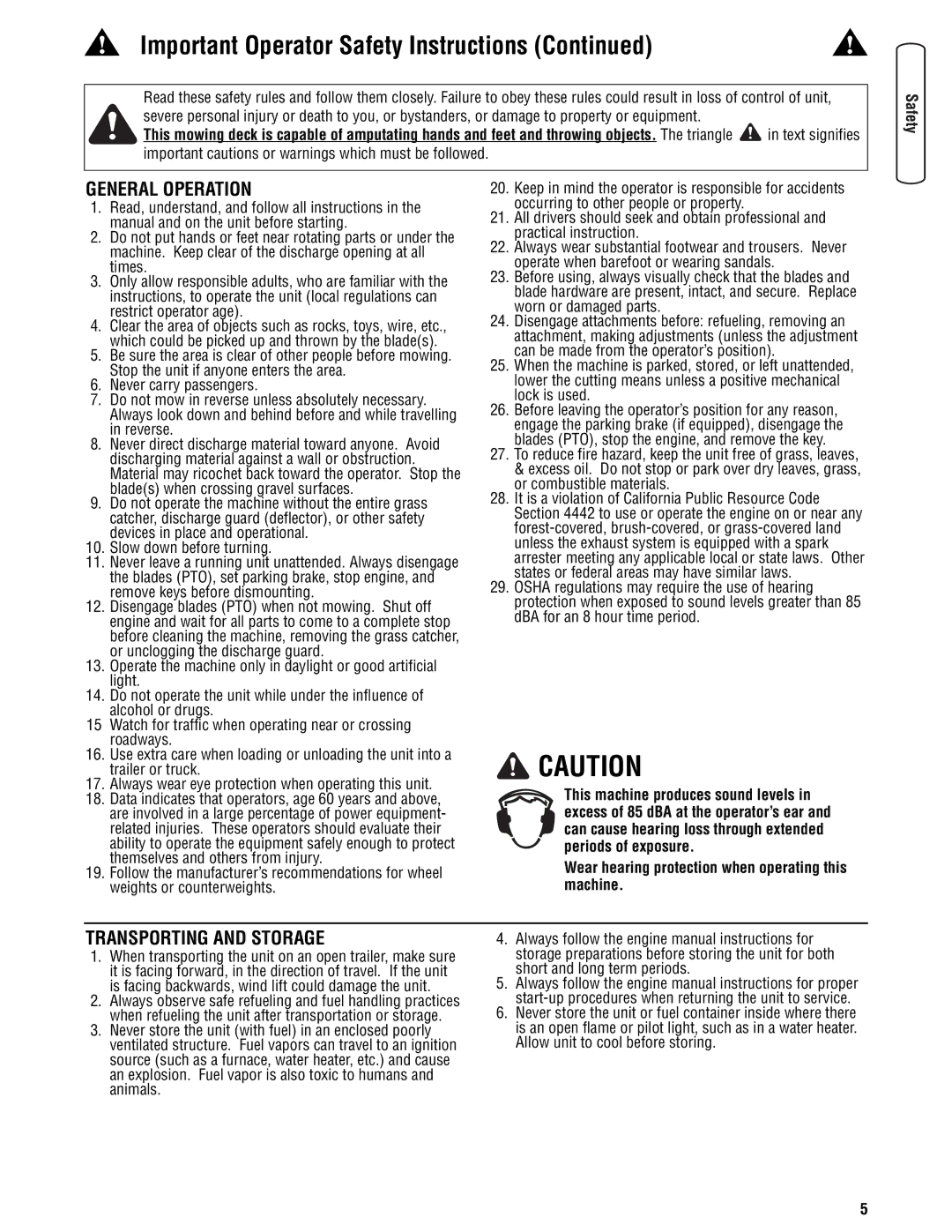 Snapper 355Z manual General Operation, Transporting and Storage, Important cautions or warnings which must be followed 