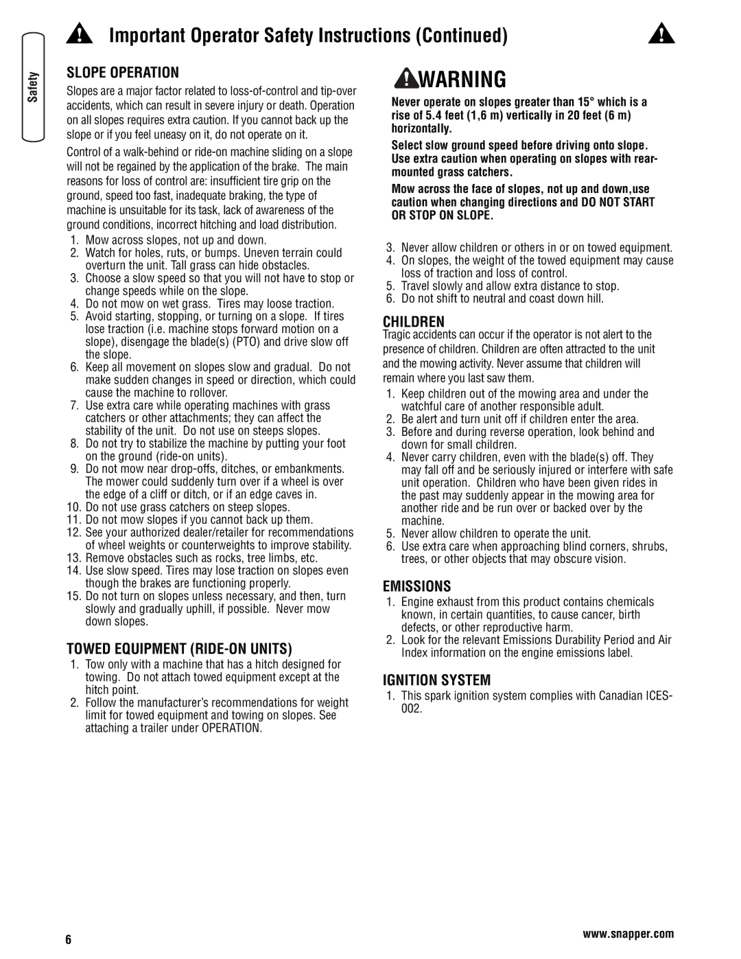 Snapper 355Z manual Slope Operation, Towed Equipment RIDE-ON Units, Children, Emissions, Ignition System 