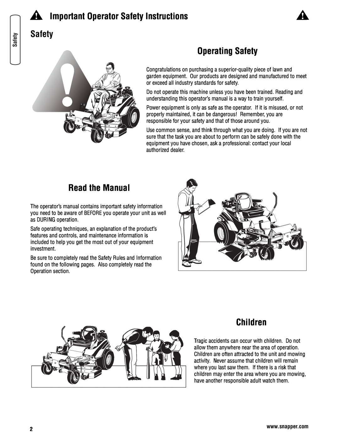 Snapper 355Z manual Important Operator Safety Instructions, Safety Operating Safety, Read the Manual, Children 