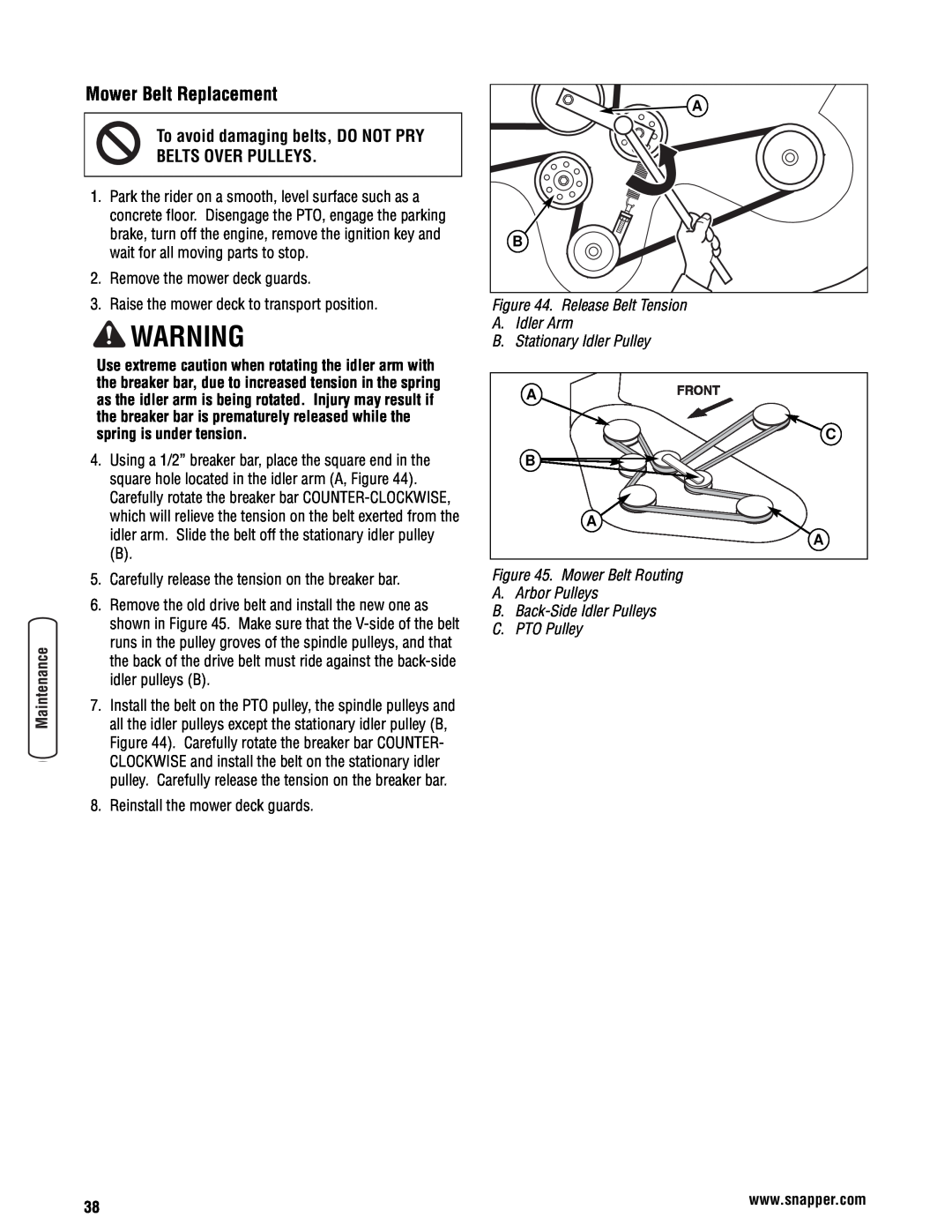 Snapper 355Z manual To avoid damaging belts, DO NOT PRY, Belts Over Pulleys, Release Belt Tension A.Idler Arm 