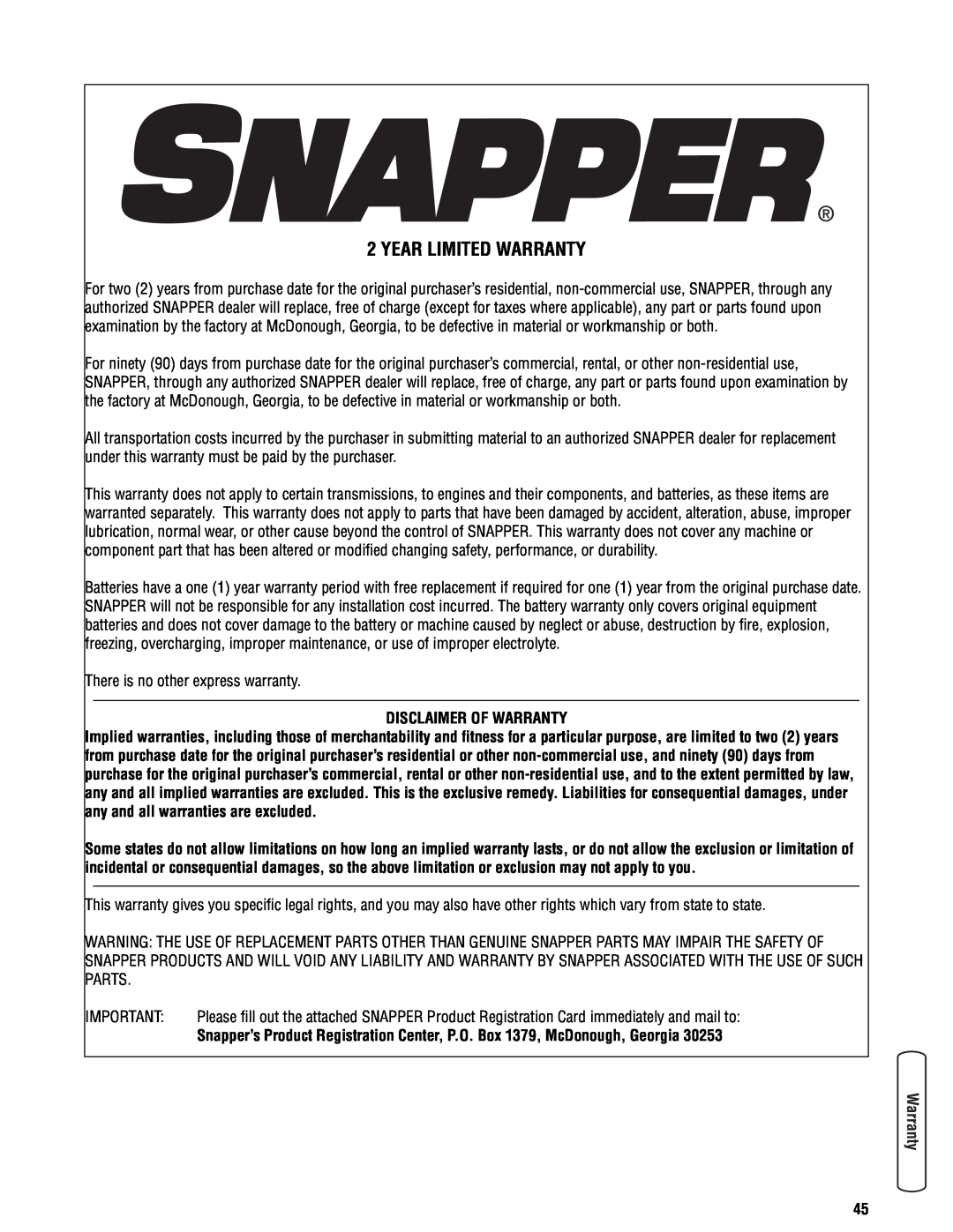 Snapper 355Z manual Year Limited Warranty, Disclaimer Of Warranty 