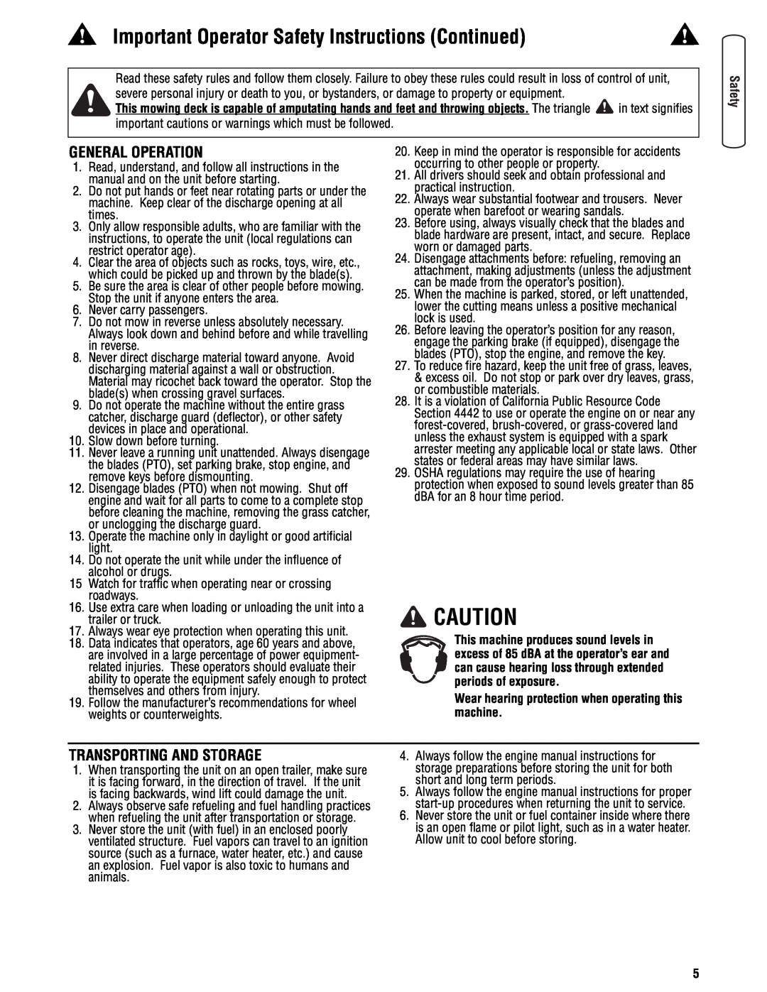Snapper 355Z manual Important Operator Safety Instructions Continued, General Operation, Transporting And Storage 