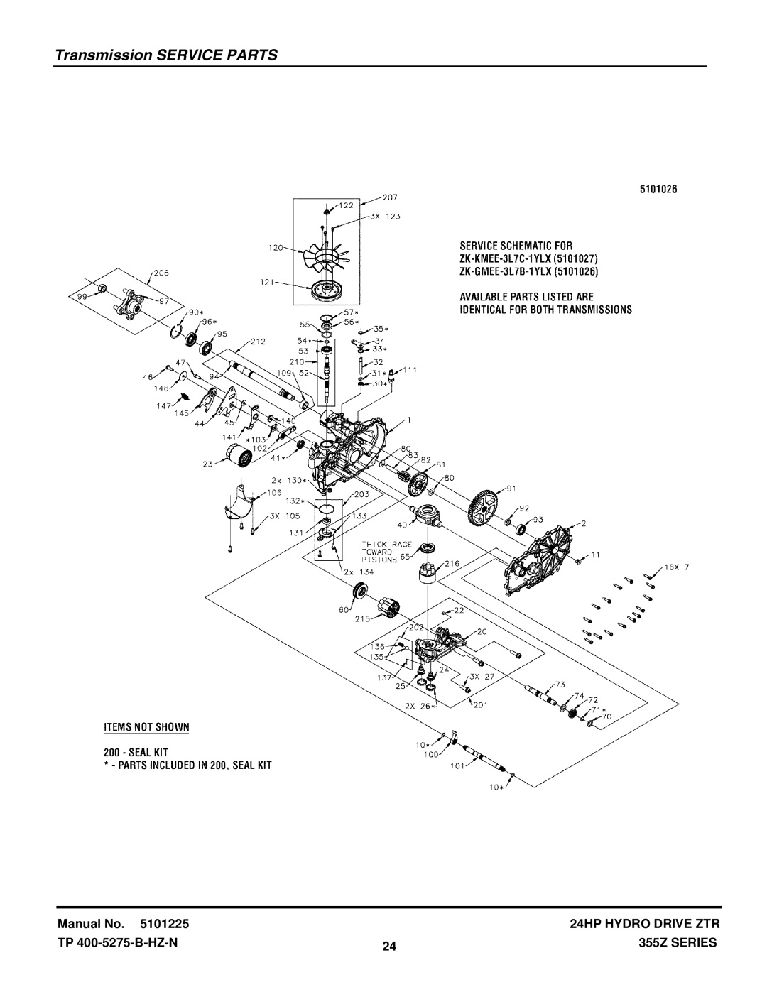 Snapper 355ZB2444, 355ZB2450CE manual Transmission Service Parts 