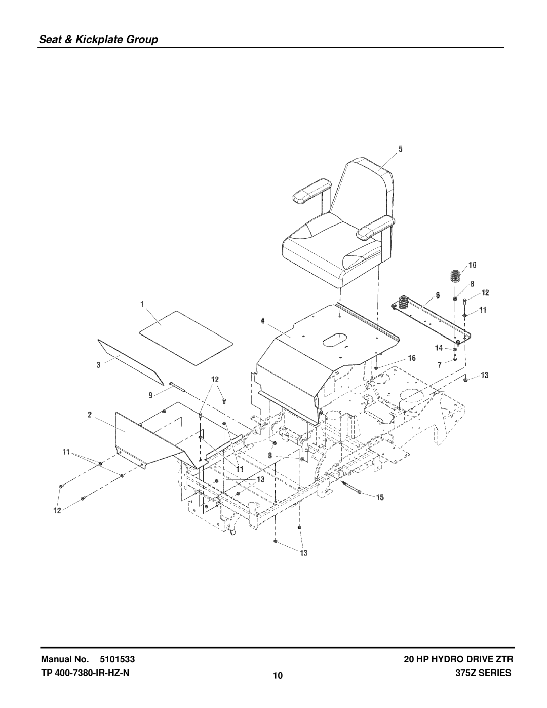 Snapper 375Z manual Seat & Kickplate Group 