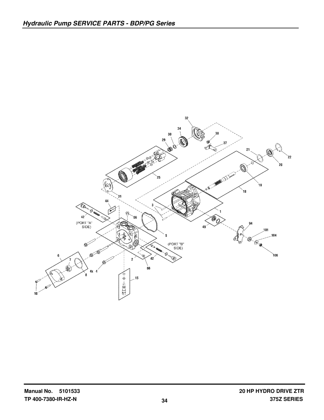 Snapper 375Z manual Hydraulic Pump Service Parts BDP/PG Series 