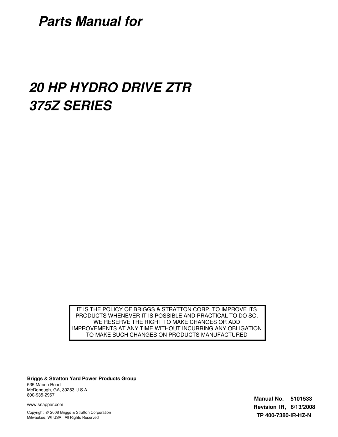 Snapper manual HP Hydro Drive ZTR 375Z Series 