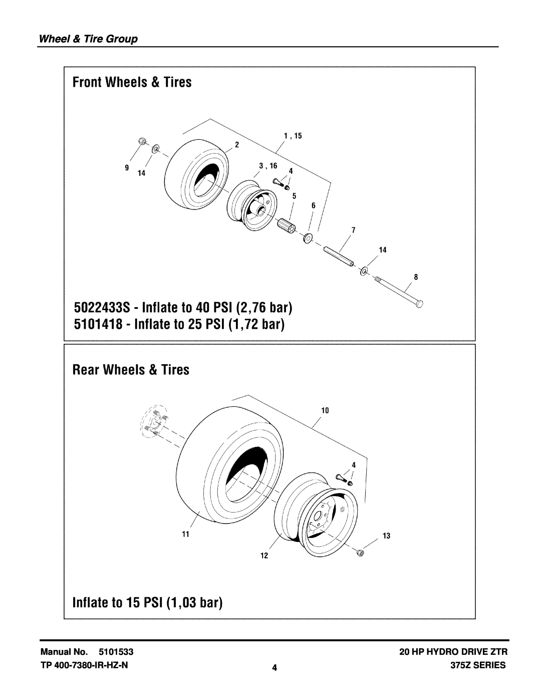 Snapper manual Wheel & Tire Group, Manual No, Hp Hydro Drive Ztr, TP 400-7380-IR-HZ-N, 375Z SERIES 