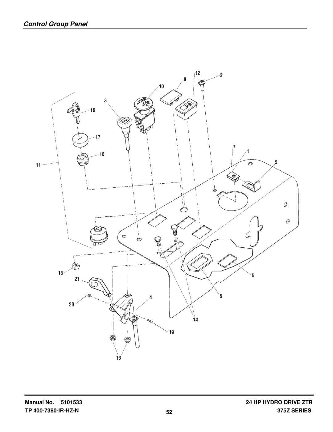 Snapper 375ZB2050CE manual Control Group Panel 