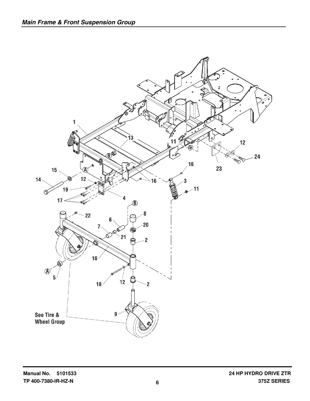 Snapper 375ZB2050CE manual Main Frame & Front Suspension Group 